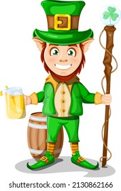 Cheerful and happy leprechaun with a mug of beer and a cane with a clover in his hands, behind a barrel