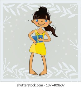 Cheerful and happy little girl with a holiday gift . Vector cartoon character on a grey background with snowy branches . Children's emotions .
