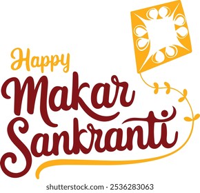 Un alegre mensaje "Happy Makar Sankranti" en rojo y amarillo vibrante sobre un fondo blanco, con una cometa amarilla decorativa con una cola arremolinada en el lado derecho.