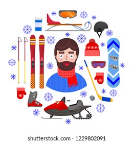 Cheerful and happy man in winter clothes and sports winter equipment on white background.Vector illustration.