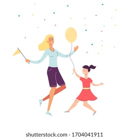 Cheerful Happy Mother And Daughter Dancing Cartoon Characters, Flat Vector Illustration Isolated On White Background. Family Joint Celebration And Happiness.