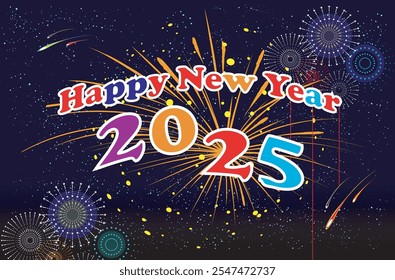Cheerful Happy New Year 2025 with Fireworks and Starry Night Design