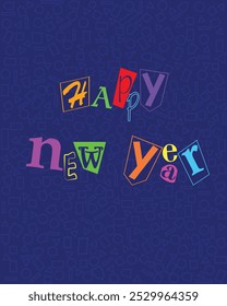 Uma saudação alegre de "Feliz Ano Novo" com um fundo de formas minúsculas cria uma ilustração vetorial animada.