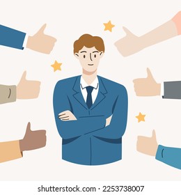 Cheerful happy people surrounded by hands with thumbs up.Employee success recognition, encourage and motivate best performance , cheering or honor on success or achievement concept.Vector illustration