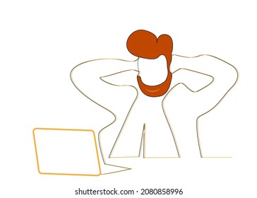 Cheerful happy person with hands behind head in front of laptop computer. successful online freelancer. watching fun videos during break and rest times