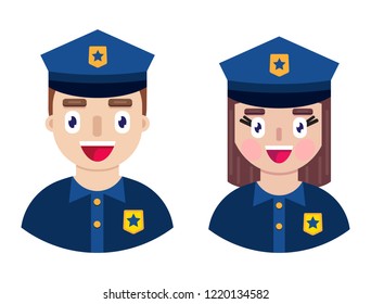 Cheerful and happy police officers on white background. Vector illustration