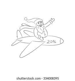 Cheerful and happy Santa Claus flying in red Christmas black and white costume is flying on an airplane and smiling pointing isolate vector illustration
