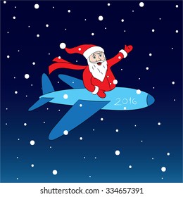 Cheerful and happy Santa Claus flying in red Christmas costume red color is flying on an airplane and smiling pointing isolate vector illustration