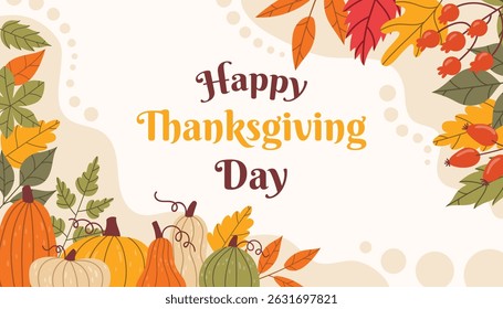 Cheerful Happy Thanksgiving Day card in flat cartoon style featuring bright autumn leaves and pumpkins. Festive seasonal design with warm tones perfect for celebration and gratitude themes.