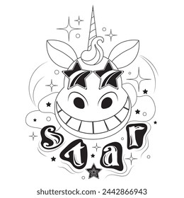 Cheerful happy unicorn wearing sunglasses with stars on his face and the word star underneath. Hand drawn black and white outline drawing. 