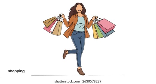 Cheerful happy woman enjoying shopping continuous single line art drawing sketch on white background	
