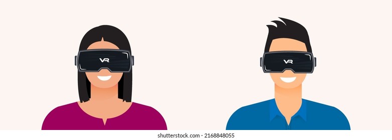 Cheerful happy woman and man with VR glasses. Metaverse futuristic cyber world technology. Isolated vector illustration