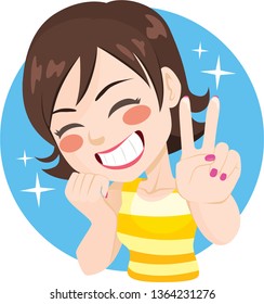 Cheerful happy woman smiling making victory sign with hand
