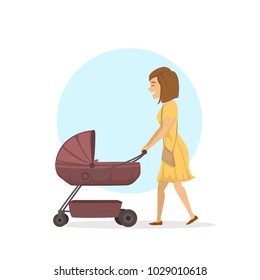 cheerful happy woman , young mother walking with baby carriage child pram 