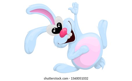 Cheerful hare actively waving his paw Hello on a white background. Cartoon vector illustration