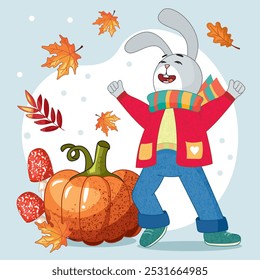 cheerful hare in autumn with pumpkin
