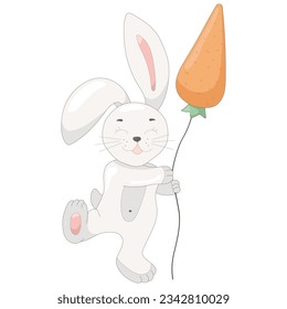 Cheerful hare with a ball in the form of a carrot on a white background. Vector illustration. Beautiful cute animal.
