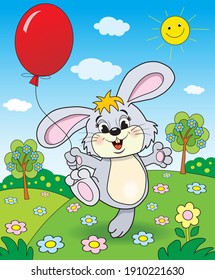 Liebre alegre con un globo en una pradera 