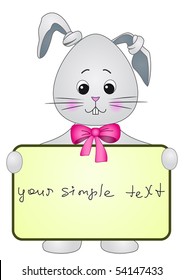 The cheerful hare with the ears fastened by the site and a bow on a breast holds in paws the poster with your perfect text :)