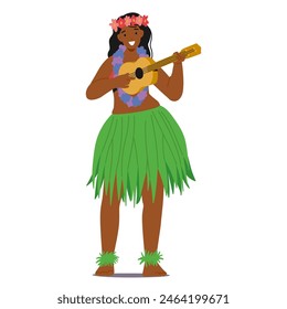 Fröhliche hawaiianische Tänzerin-Figur in einem lebendigen grünen Gras Rock, geschmückt mit bunten floralen Leis, spielt Ukulele. Cartoon-Vektorillustration fängt die Freude der hawaiianischen Kultur und Tanz ein