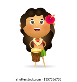 Cheerful Hawaiian woman with drum. Smiling girl in traditional national clothes performing. Can be used for topics like culture, summer island