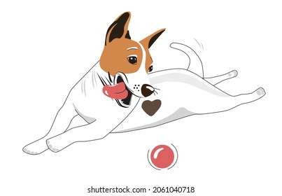 A cheerful and healthy dog ​​is playing a ball. Funny dog ​​vector illustration. Jack Russell Terrier.