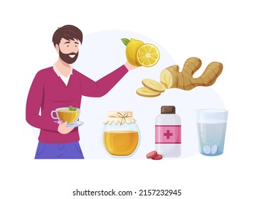 Cheerful healthy man with cup of ginger tea. Lemon, ginger slices, honey and vitamins. Natural remedies and medicines to support healthy immune system. Virus germs and bacteria protection flat vector