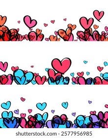 Cheerful heart border designs in bright pink, blue, and orange hues on a white background. Vector illustration.