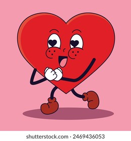Cheerful heart character depicted in a pixel art style Vector illustration