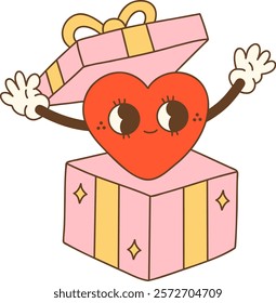 cheerful heart character emerges from gift box, spreading joy