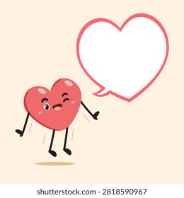 A cheerful heart character jumping with excitement while holding a blank heart-shaped speech bubble. Perfect for Valentine's Day, love, greeting card, and social media content.