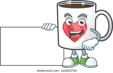 Cheerful heart cup of coffee cartoon character having a board