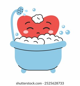 Cheerful heart in groove style and holding balloon. Retro sticker for Valentine Day on February 14th. Сute character for birthday greetings.