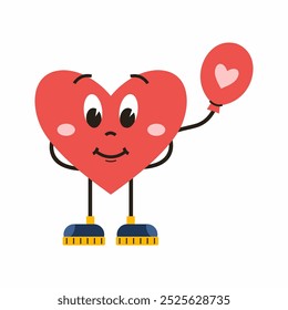 Cheerful heart in groove style and holding balloon. Retro sticker for Valentine Day on February 14th. Сute character for birthday greetings.