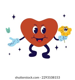 Cheerful heart holding a flower, 70's groovy Retro print. illustration for tee, t shirt and sticker - poster design. Funky character cheerful heart cartoon concept. Vector illustration.