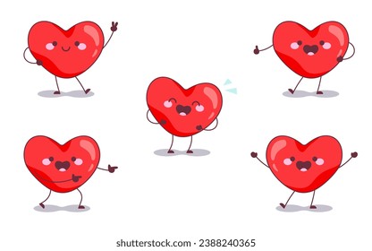 Cheerful Heart Mascot Collection. Vector Illustration of Cute Heart Characters in Various Cool Poses, Perfect for Valentine's Day, Romantic, and Love Themed Designs.