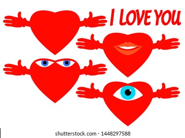 Cheerful heart. Wants to cuddle. He says I love you. Vector illustration.