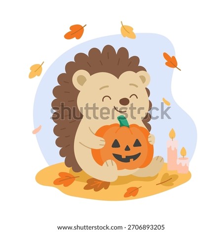 A Cheerful Hedgehog Embracing a Jack-O'-Lantern, Surrounded by Autumn Leaves and Candles in a Playful Fall Setting. Cute Hedgehog illustration