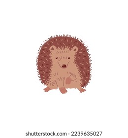 Cheerful hedgehog sitting, cartoon flat vector illustration isolated on white background. Spiny forest inhabitant. Cute character for kids and nursery design.