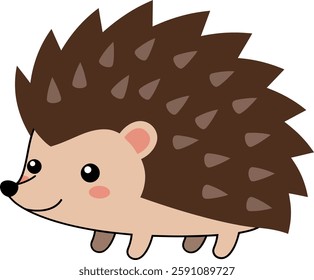 A cheerful hedgehog with a smiling face and spiky back stands in a simple, minimalistic design, radiating a playful atmosphere.