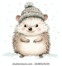 A cheerful hedgehog wearing a cozy gray knitted hat with a pom-pom sits in the snow. The watercolor style gives a soft, whimsical feel.