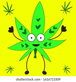 Cheerful hemp, funny vector character. Colored cannabis with big eyes and a smile. Cannabis leaf for animation, stickers, logos, print and decoration. Simple stock character on an isolate background.