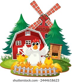 A cheerful hen with chicks outside a red barn.