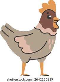 A cheerful hen is depicted in a cartoonish style with simple lines and shapes.  The poultry bird is shown standing with its head turned, exhibiting a friendly expression. Cartoon vector illustration