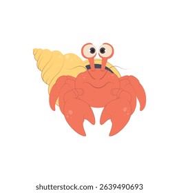 Cheerful hermit crab with a shell. Bright and fun ocean character for children's books, games, and marine-themed designs or educational projects.