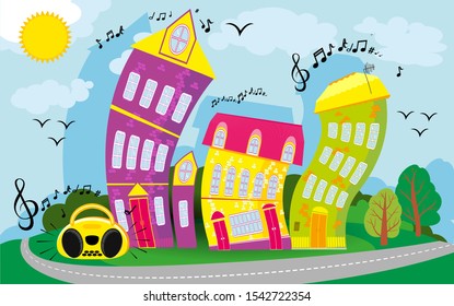 Cheerful, high curved bright flat houses for children's illustration. Houses dance to the music of the tape recorder. Notes in the sky. Cartoon city in flat style. vector