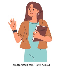 Cheerful high school female student carrying book. Young cute girl holding educational literature, young woman with books isolated flat vector illustration on white background