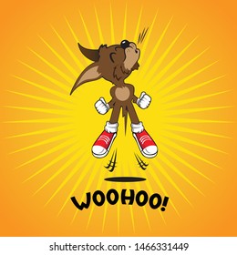 A cheerful and high-energy vector mascot featuring a brown young wolf or wild dog character jumping and howling in excitement. The design includes white gloves and red sneakers, set against a vibrant yellow sunburst background with "WOOHOO!" text, symbolizing extreme joy and positive energy. This playful illustration is perfect for youth brands, gaming channels, creative agencies, and fun apparel seeking a memorable animal character.