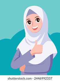 Cheerful hijab muslim woman with hand thumbs up vector flat style illustration