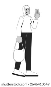 Cheerful hijab woman walking with three fingers salute 2D line character. Modest muslim female carrying handbag, welcoming gesture isolated vector ink outline person. Monochromatic spot illustration
